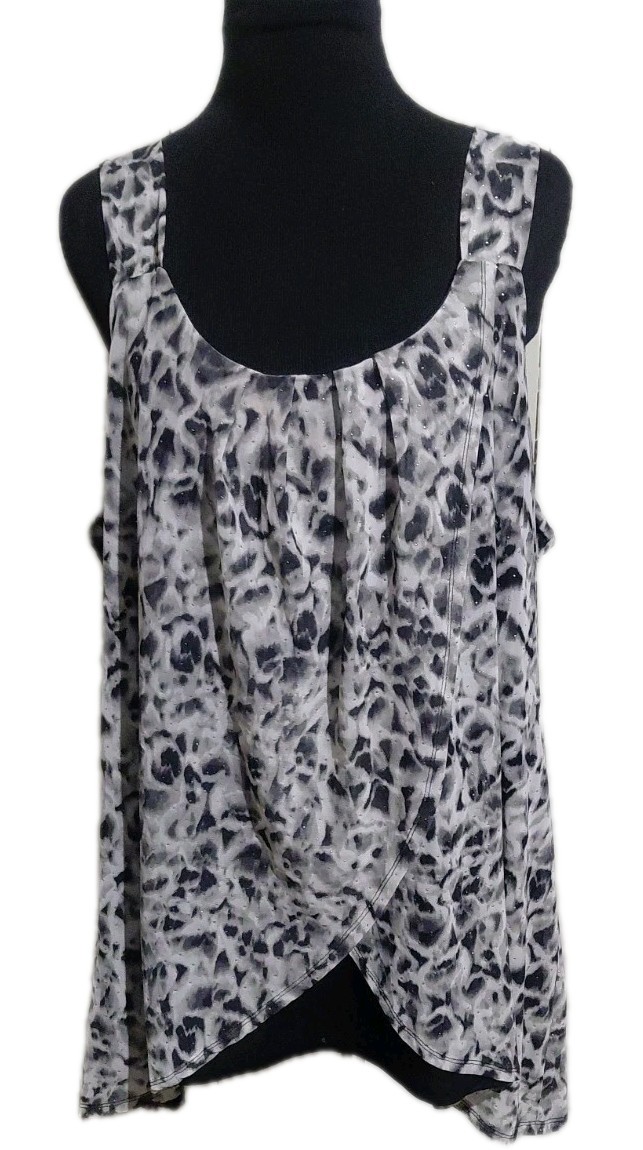 Lily Morgan SZ 2X Animal Print Gray Black Sleeveless Layered Top Silver Beading