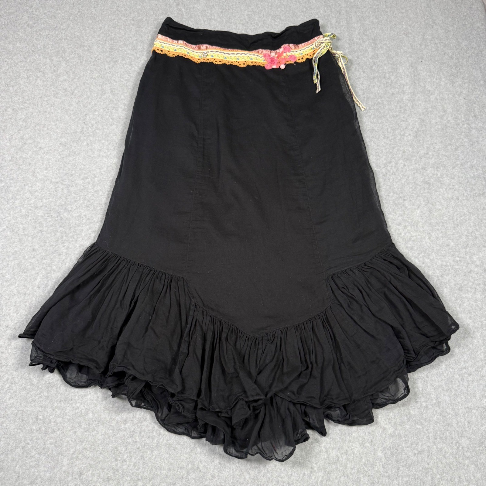 Free People Vintage Y2K Fairy Core Black Boho Ruffle Midi Skirt Ribbon Lace 8