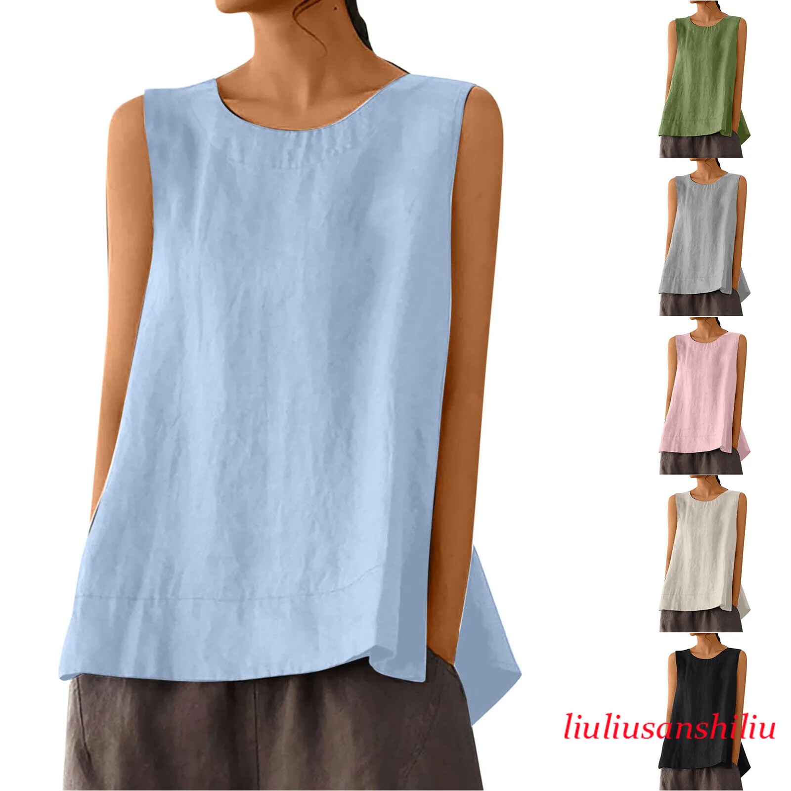 Solid Color Casual Cotton Linen Sleeveless Round Neck Soft and Breathable Top