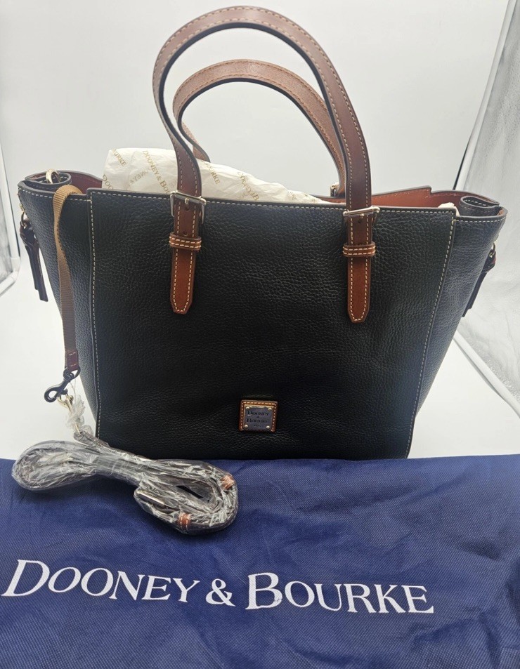 Dooney & Bourke Black & Tan Pebble Grain Leather Large Mindy Tote NWT