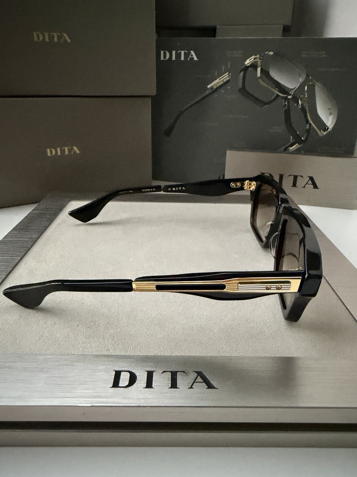 DITA DETRON DTS 459-A-01 Shiny Black Yellow Gold Grey Gradient Lens Sunglasses