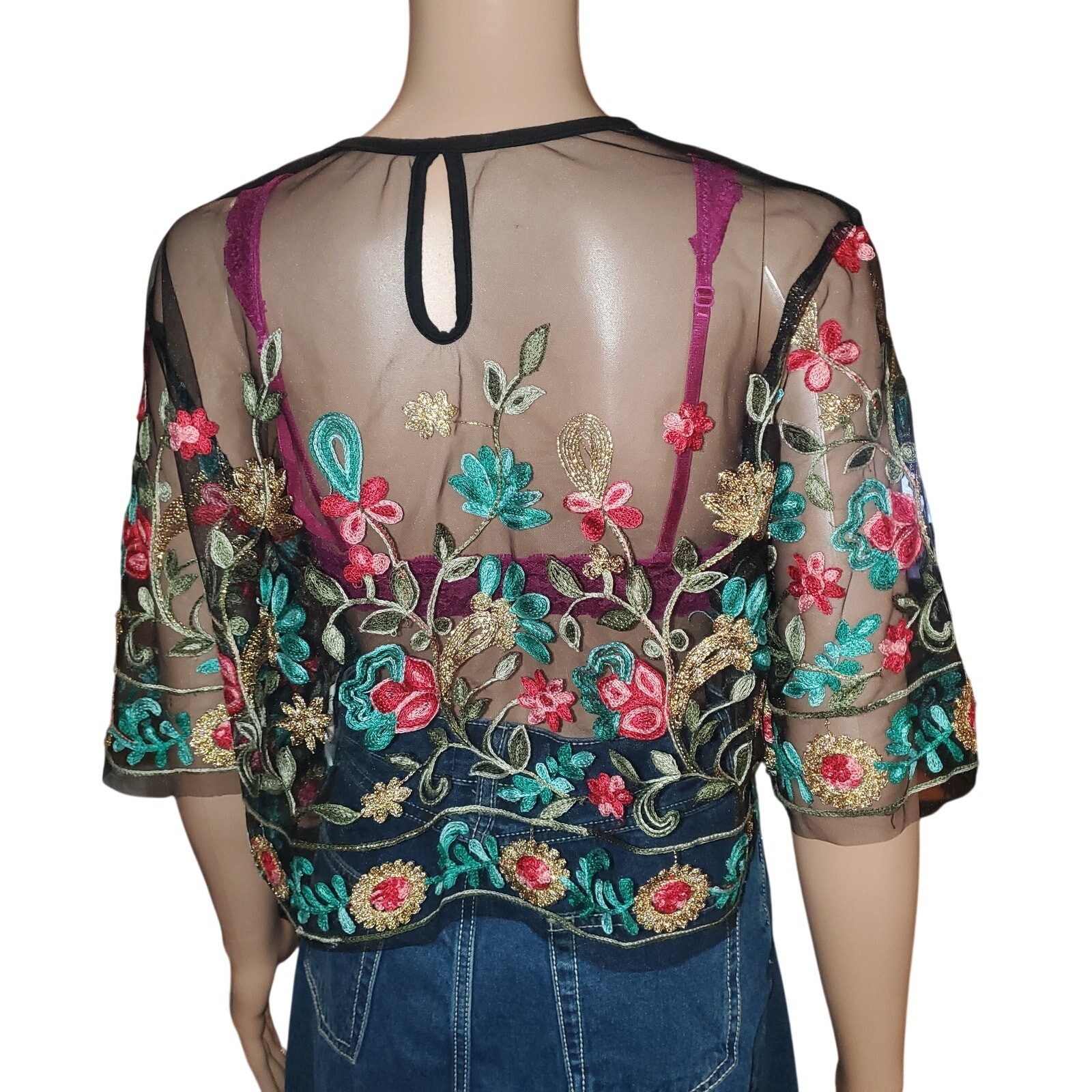 SHEIN Sheer Floral Embroidered Mesh Top US 12 US L Boho Festival