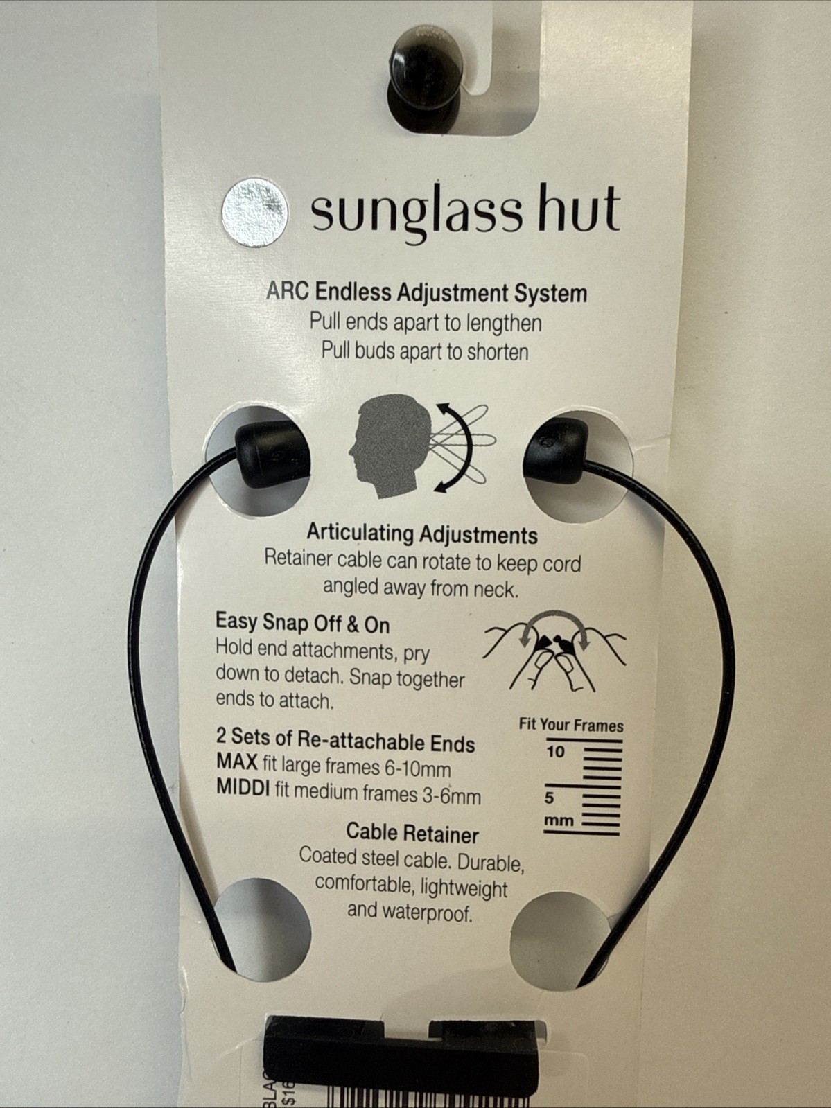 Sunglass Hut Croakies Arc Endless Black Cable Retainer 16” Fits Frames 3-10mm