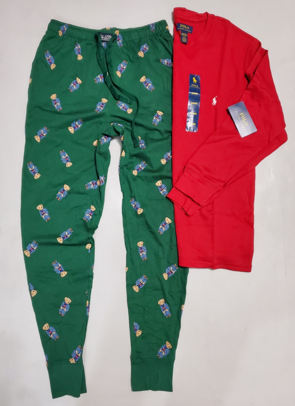 POLO RALPH LAUREN DRAWSTRING WAIST MENS POLO BEAR GREEN & RED PAJAM SET: (M)