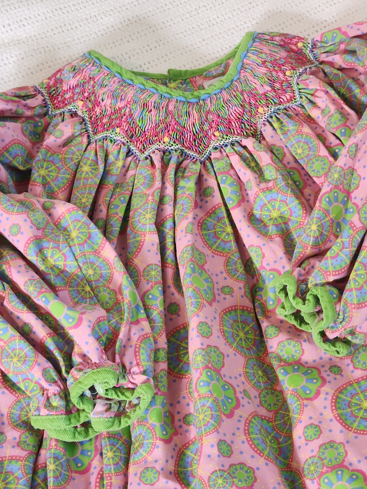 Petit Ami Smocked Green/Pink Multicolor Long Sleeve Dress 2t