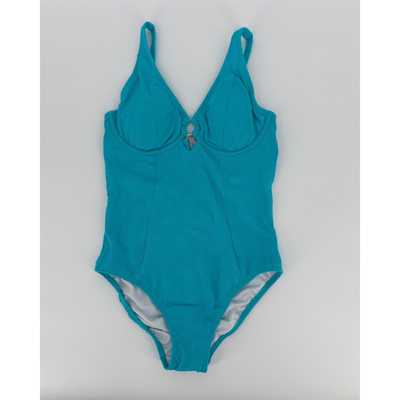 Venus Turquoise Blue Embossed Tropical Leaf Underwire One Piece Swimsuit Size 8
