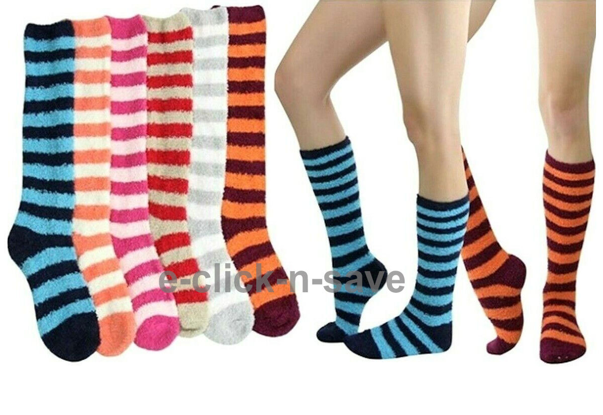3, 6 pairs Women KNEE HIGH SOCKS Soft Slipper Cozy Fuzzy Winter Solid Dots