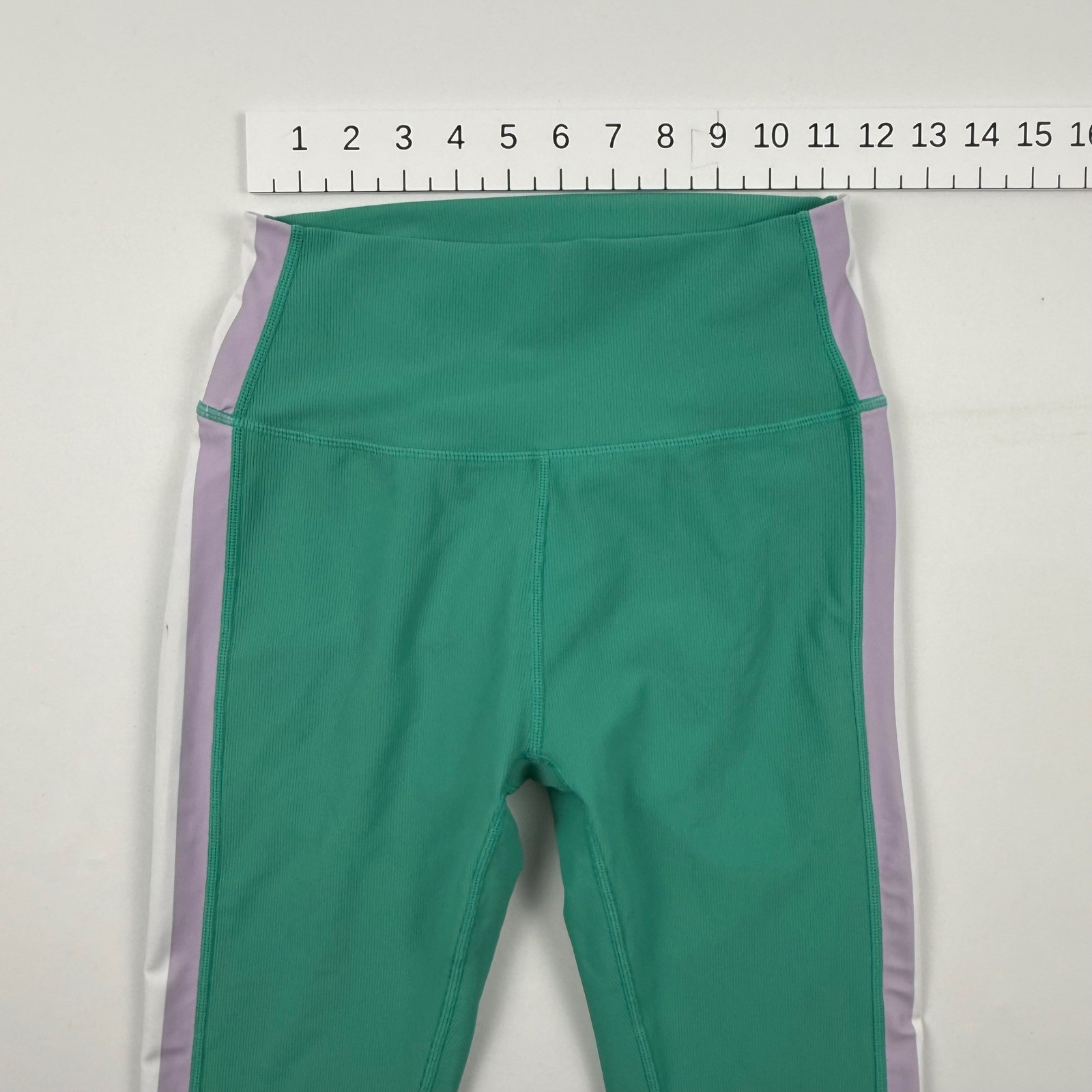 Wilo Active Green Ribbed High Waisted Leggings Purple White Side Stripe Size M