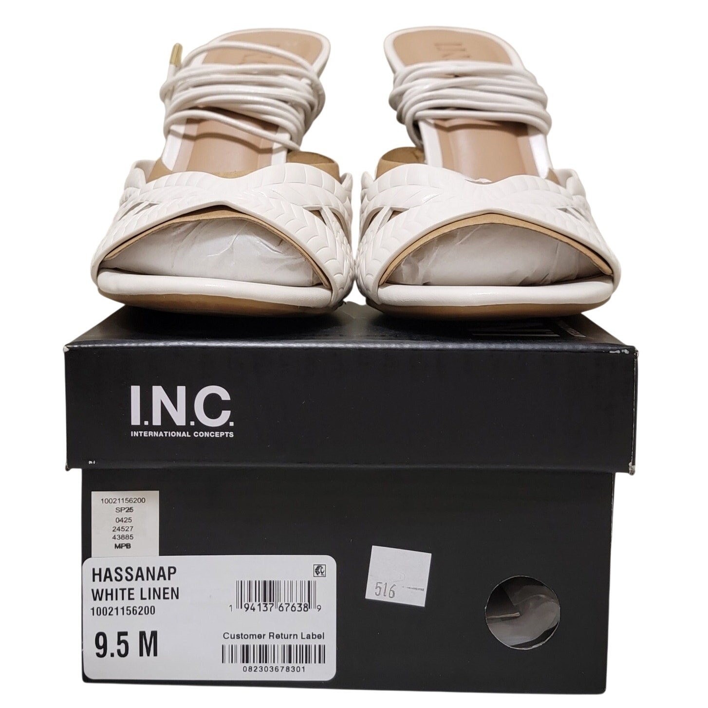INC INTL Concepts Hassana Stiletto Ankle Wrap Sandals Size US 9.5M White Linen