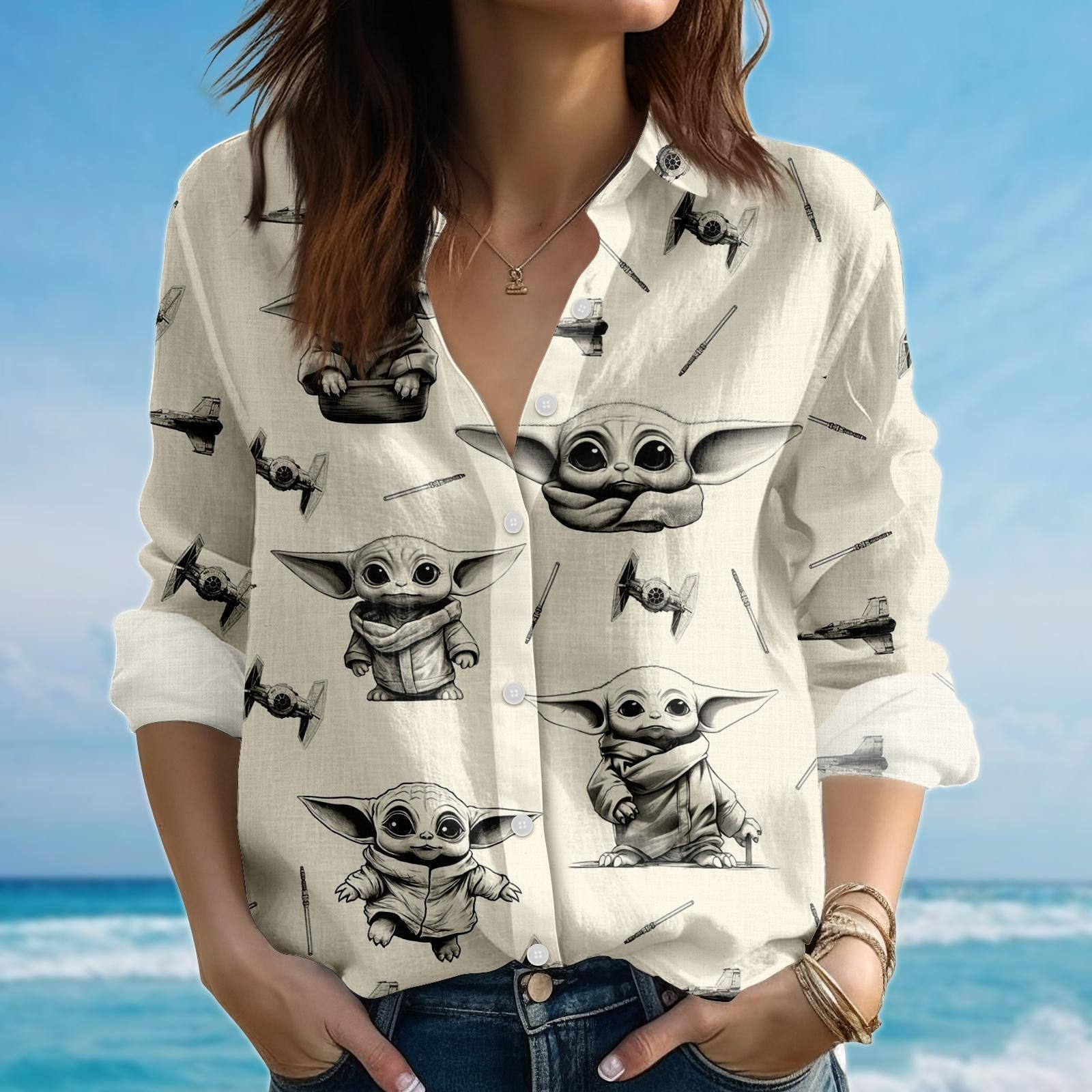 Baby Yoda Blouse Shirt Cute Grogu Women Shirt Star Wars Movie Shirt