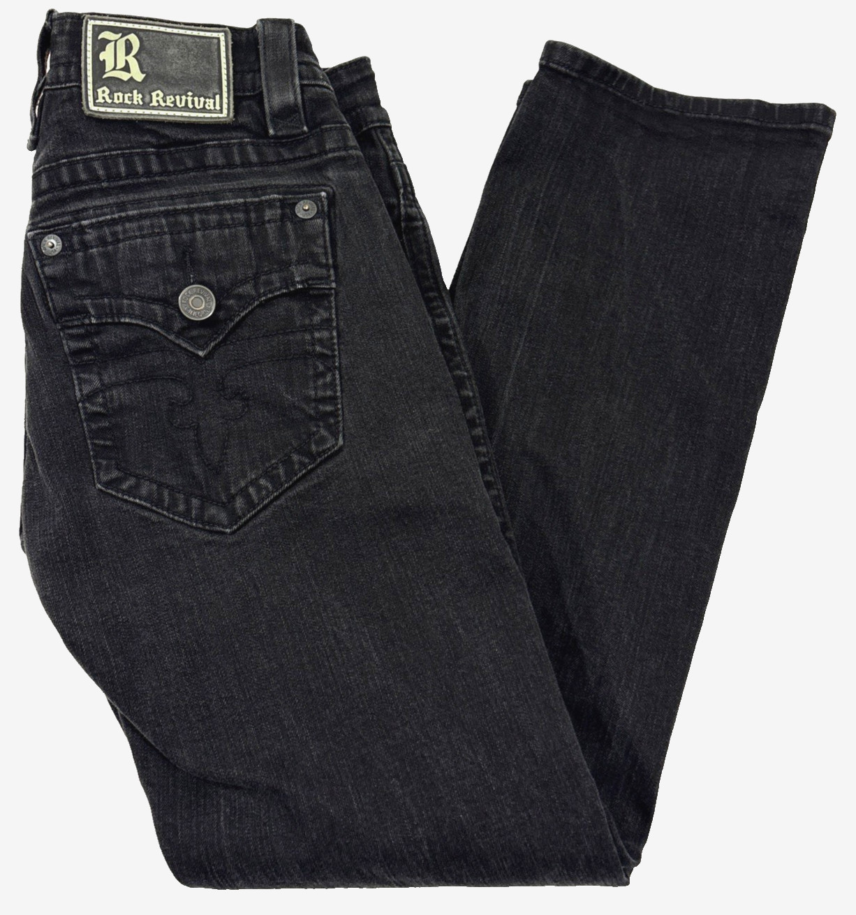 Rock Revival Ryker Jeans Mens 32×30 Slim Straight Black Biker Selvedge EUC Faded