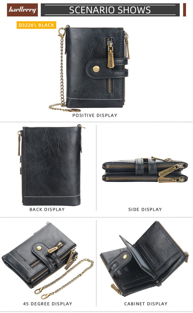 Men Leather Black Wallet with Anti-theft Chain Bifold Double Zipper Purse Gift