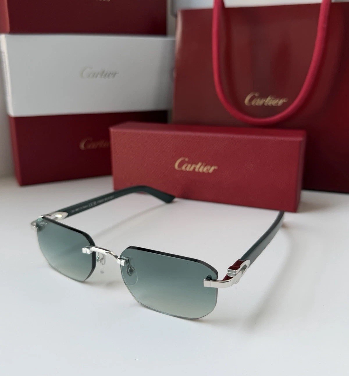CARTIER CT0622S 003 Silver Green Green Gradient Lens Unisex Sunglasses AUTHENTIC