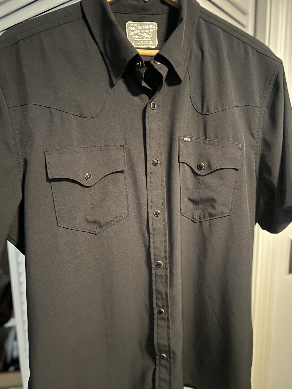 Tecovas Performance Short Sleeve Western Pearl Snap Black Size Large Men’s