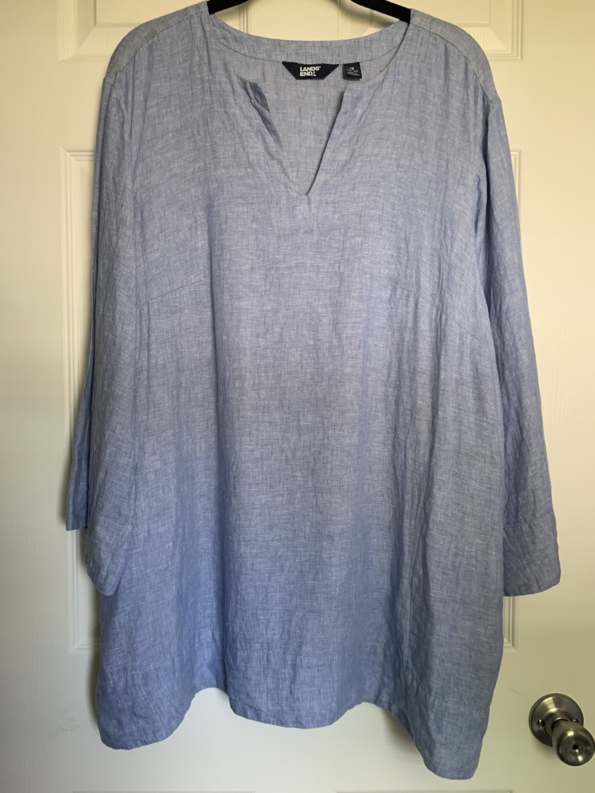 Lands’ End Women’s Linen Blouse Pocket Plus Sz 1X Blue Minimalist Beach Boho