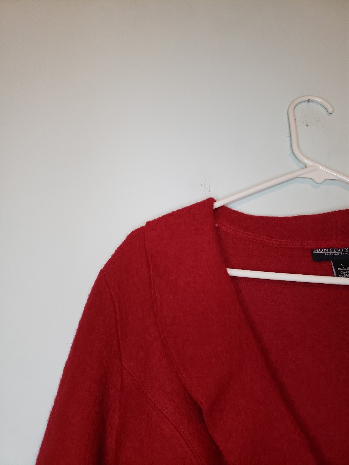 Monterey Bay Women L Sweater Clasp Front Red Ruffle 100% Boiled Wool Long Sleeve