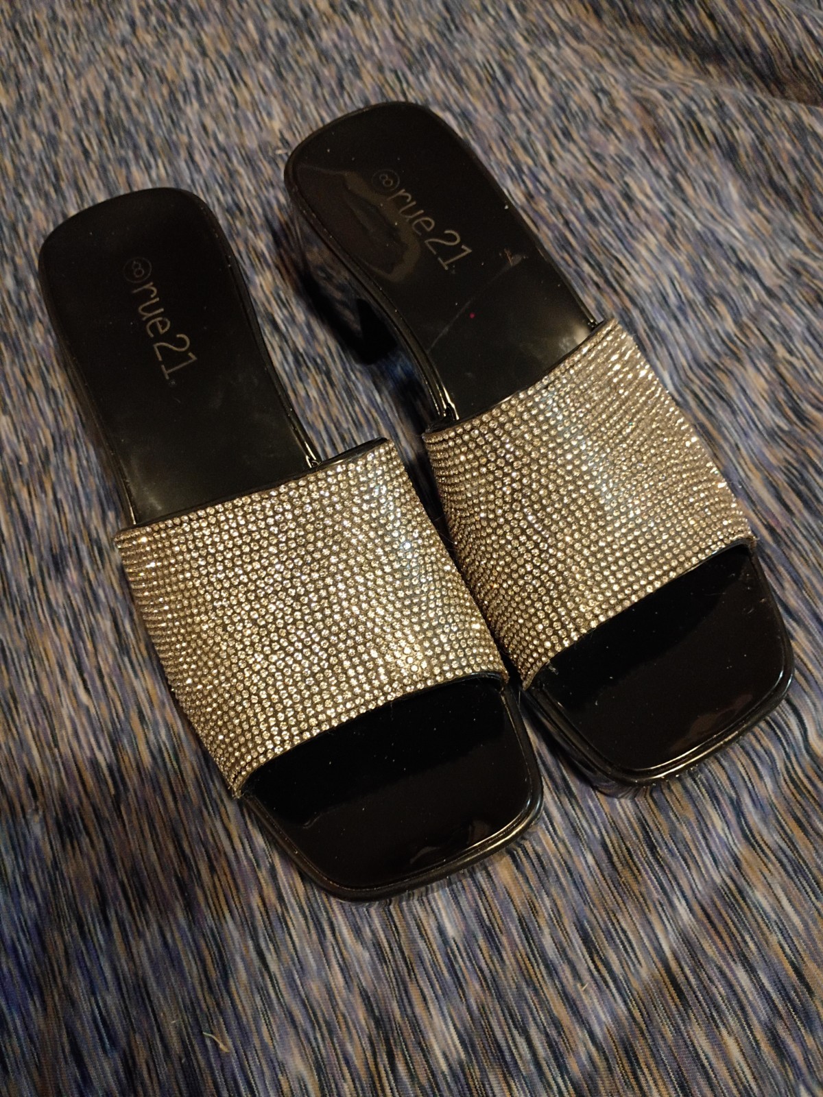 Black Slide Mules with Silver Crystal Band