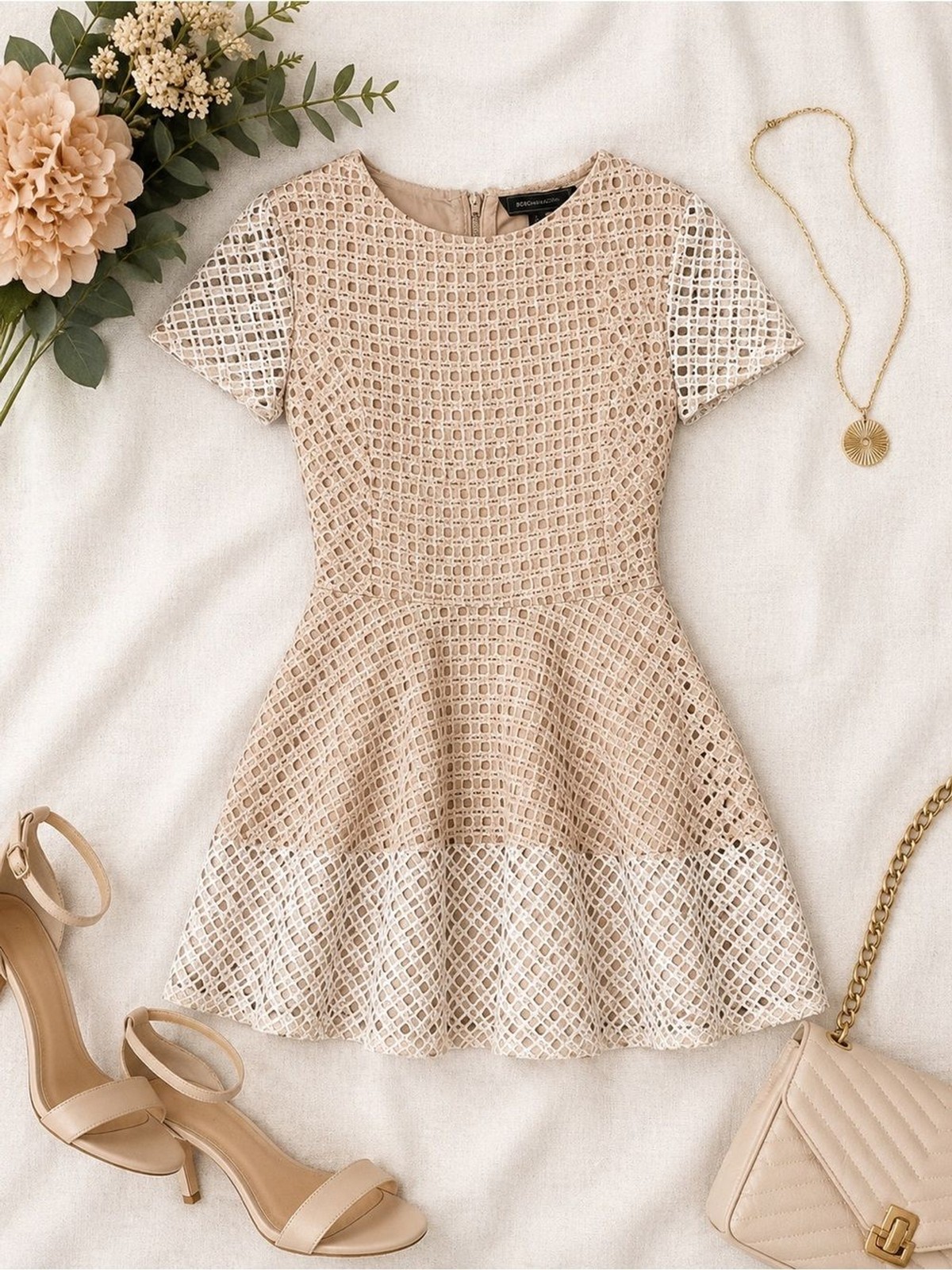 Beige Lace Fit & Flare Dress – Elegant Short Sleeve Day Dress