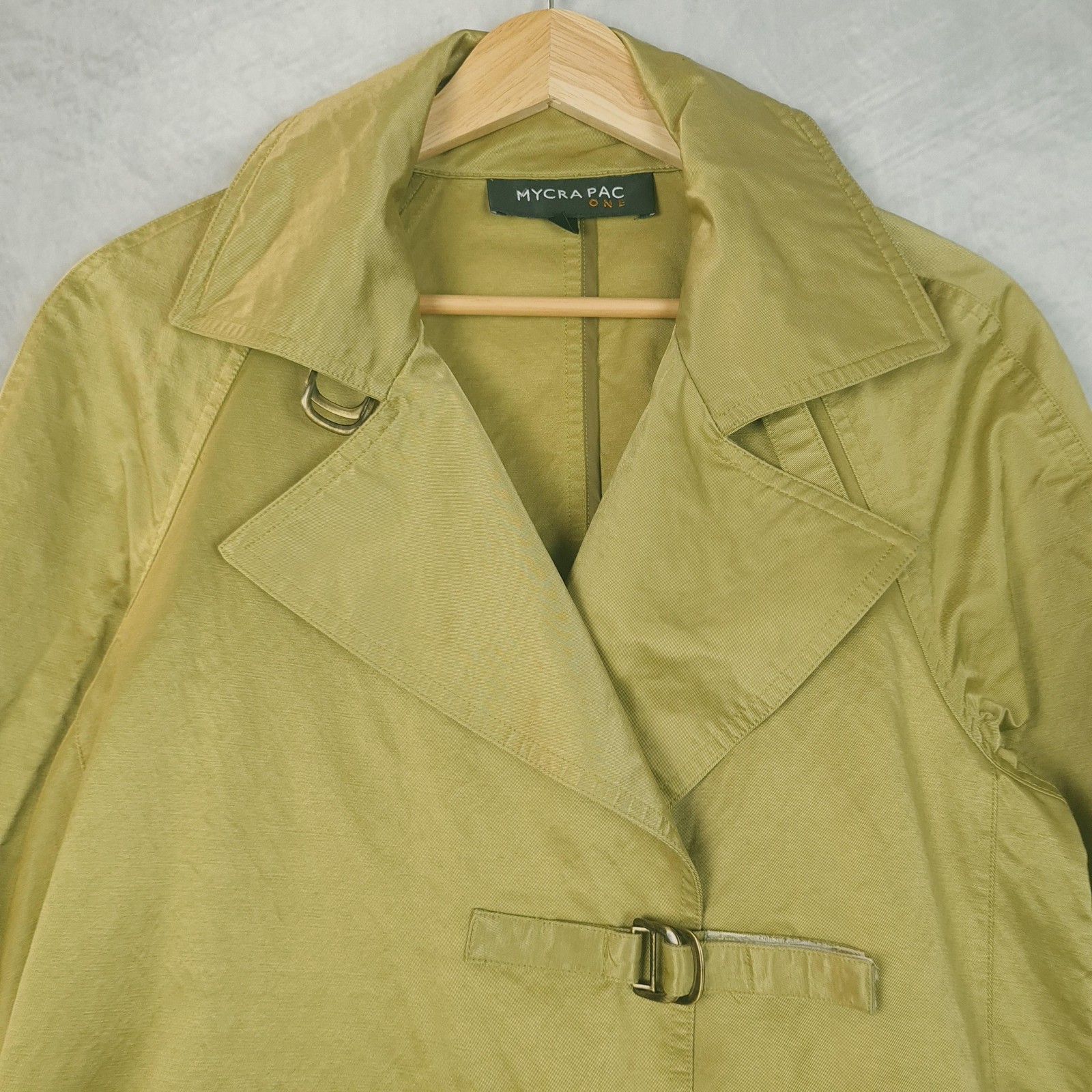 Mycra Pac Coat Womens P 6-8 Green Twill Buckle Trench Lightweight Belted