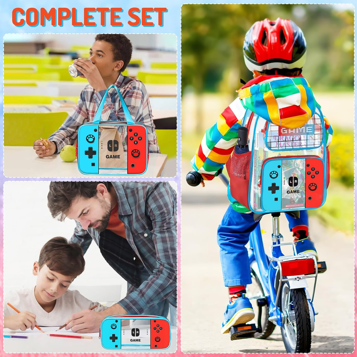 3PCS Clear Backpack for School – Gamer Kids Clear Backpacks for Boys and Girls,H