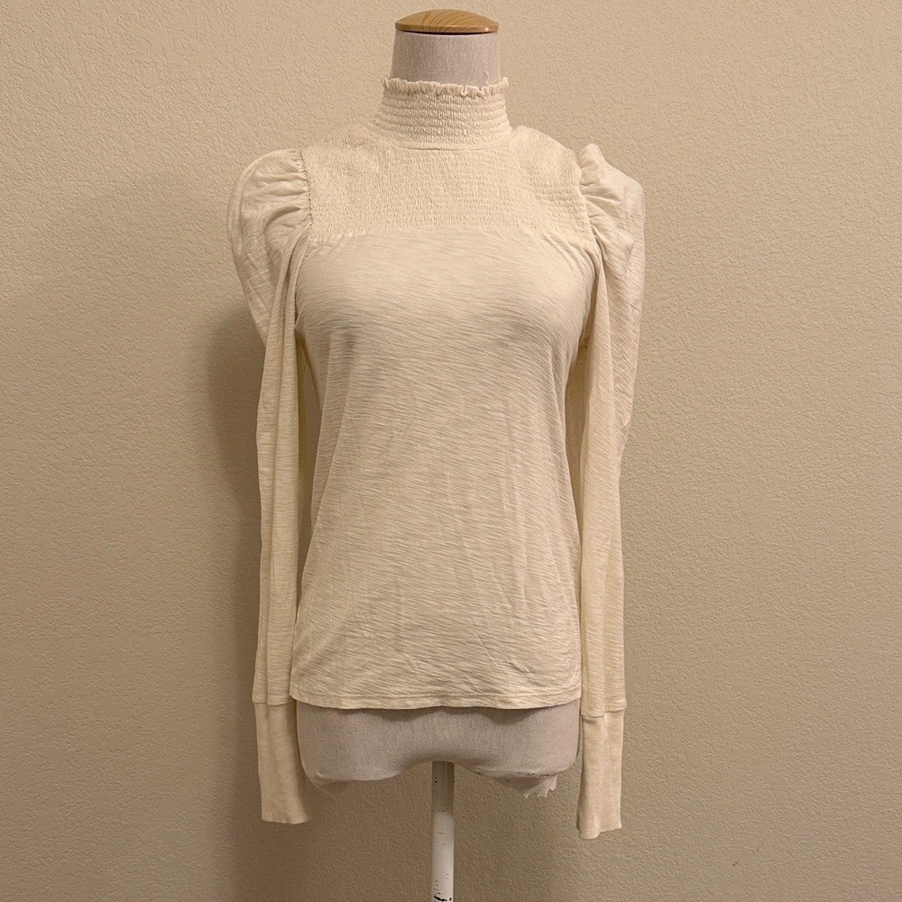 Nation Zahara Feme Mock Neck Cream Long Sleeve Top with Ruffled Neck Size Small
