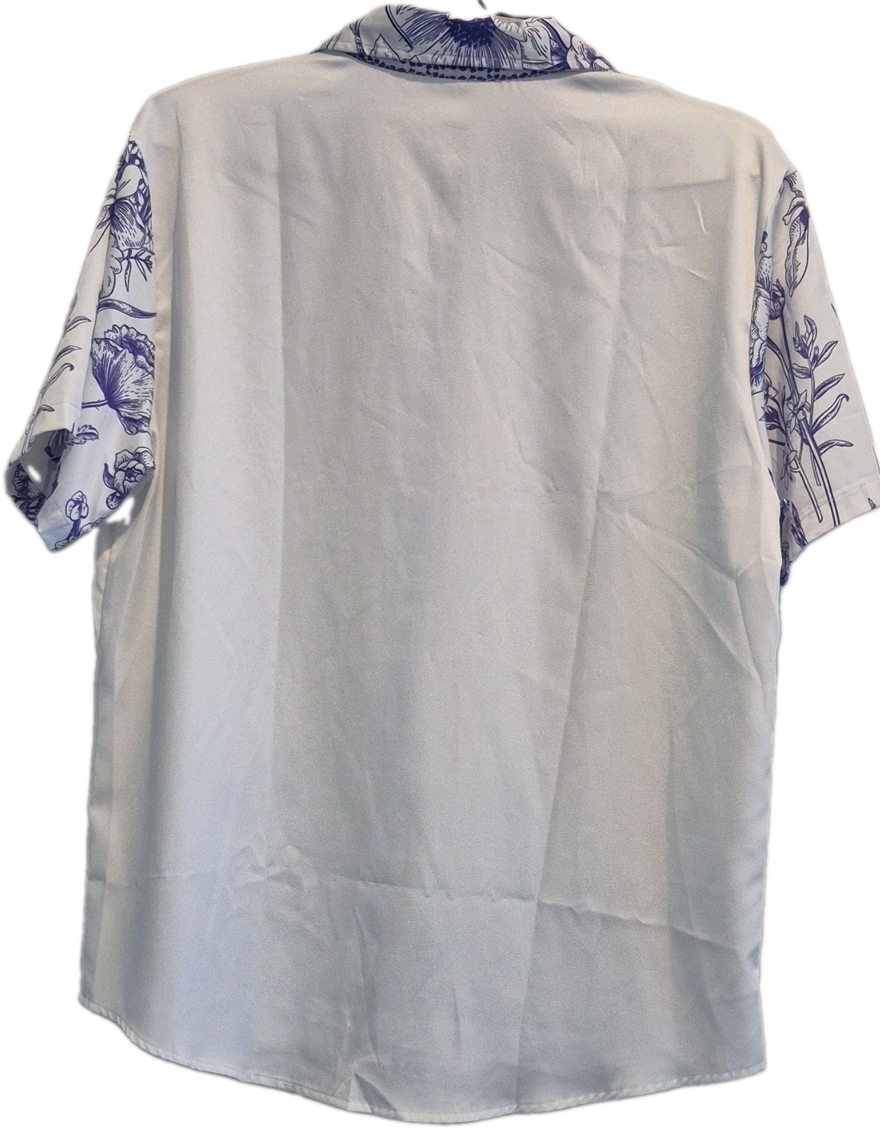 White/Blue Floral Collared Button-Up Short Sleeve Woven Polyester Blouse L