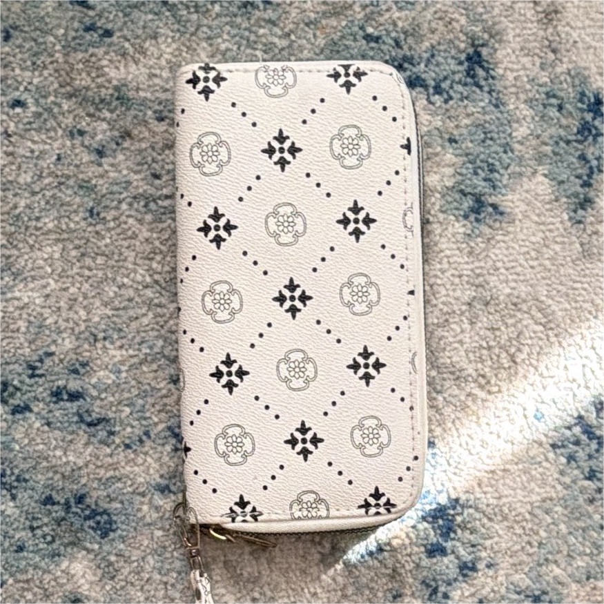 White & Black Floral Zip-Around Wristlet Wallet with Wrist Strap for Women