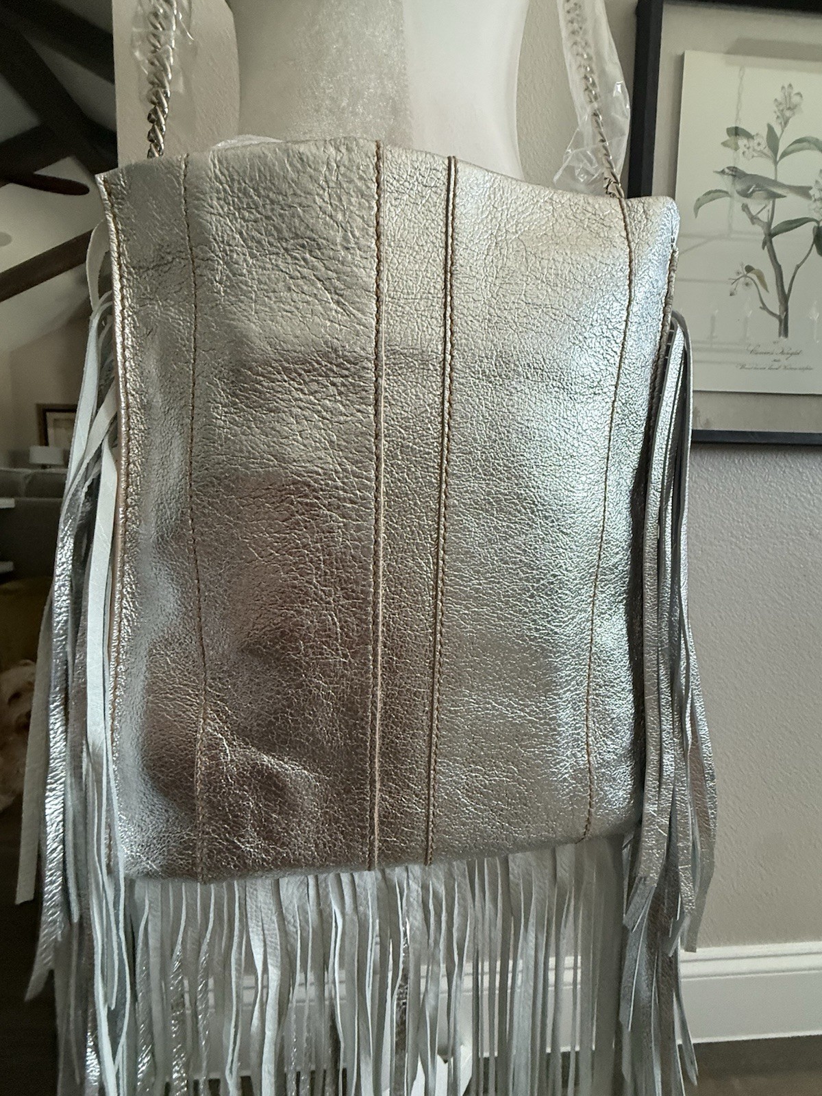 $475 RAMY BROOK Leather Silver Lame’ Large Sachel Messenger Bag Fringe Purse