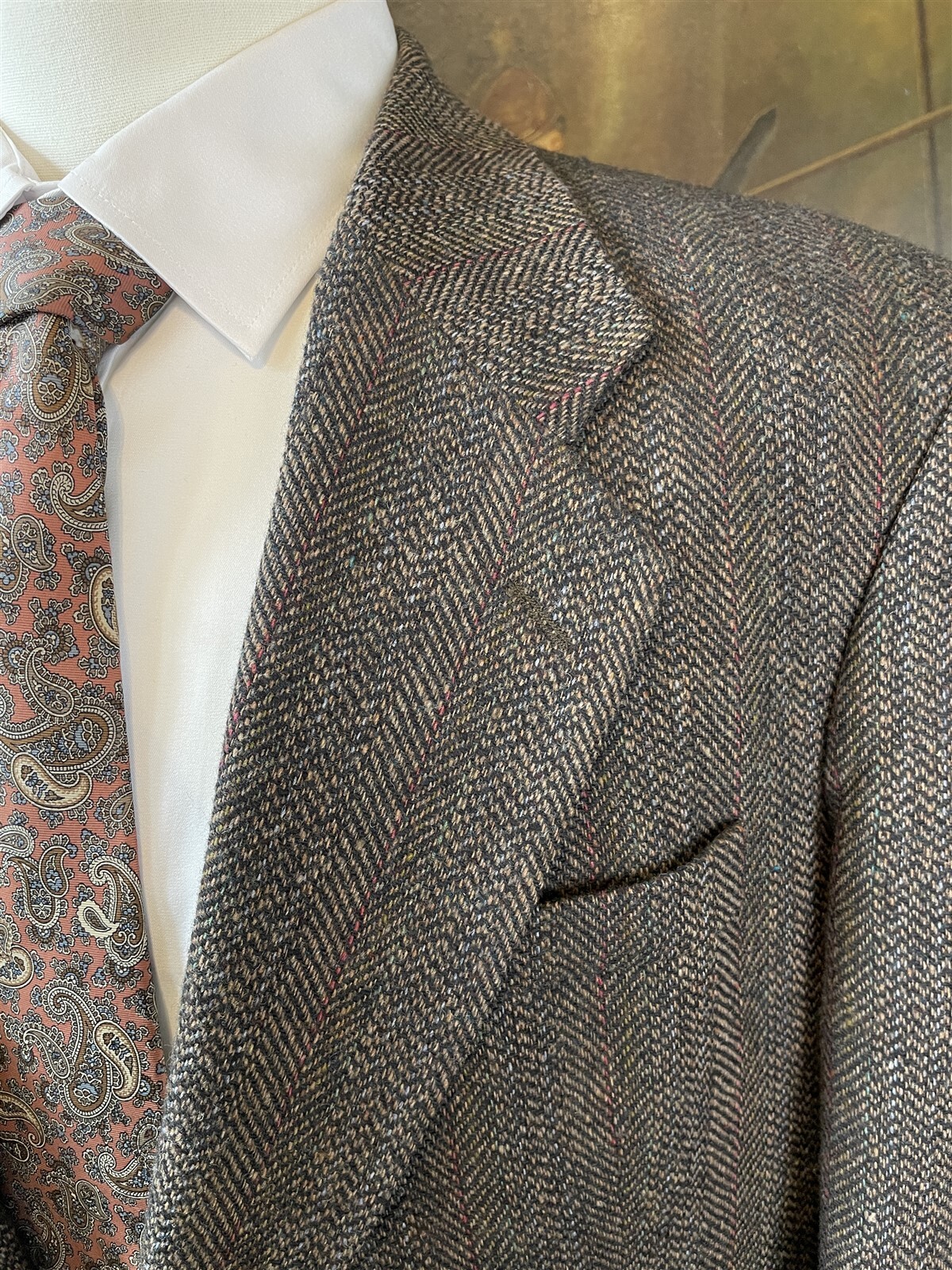 VTG Deansgate 42R Brown Wool & Lambswool Herringbone Tweed Stripe Sport Coat
