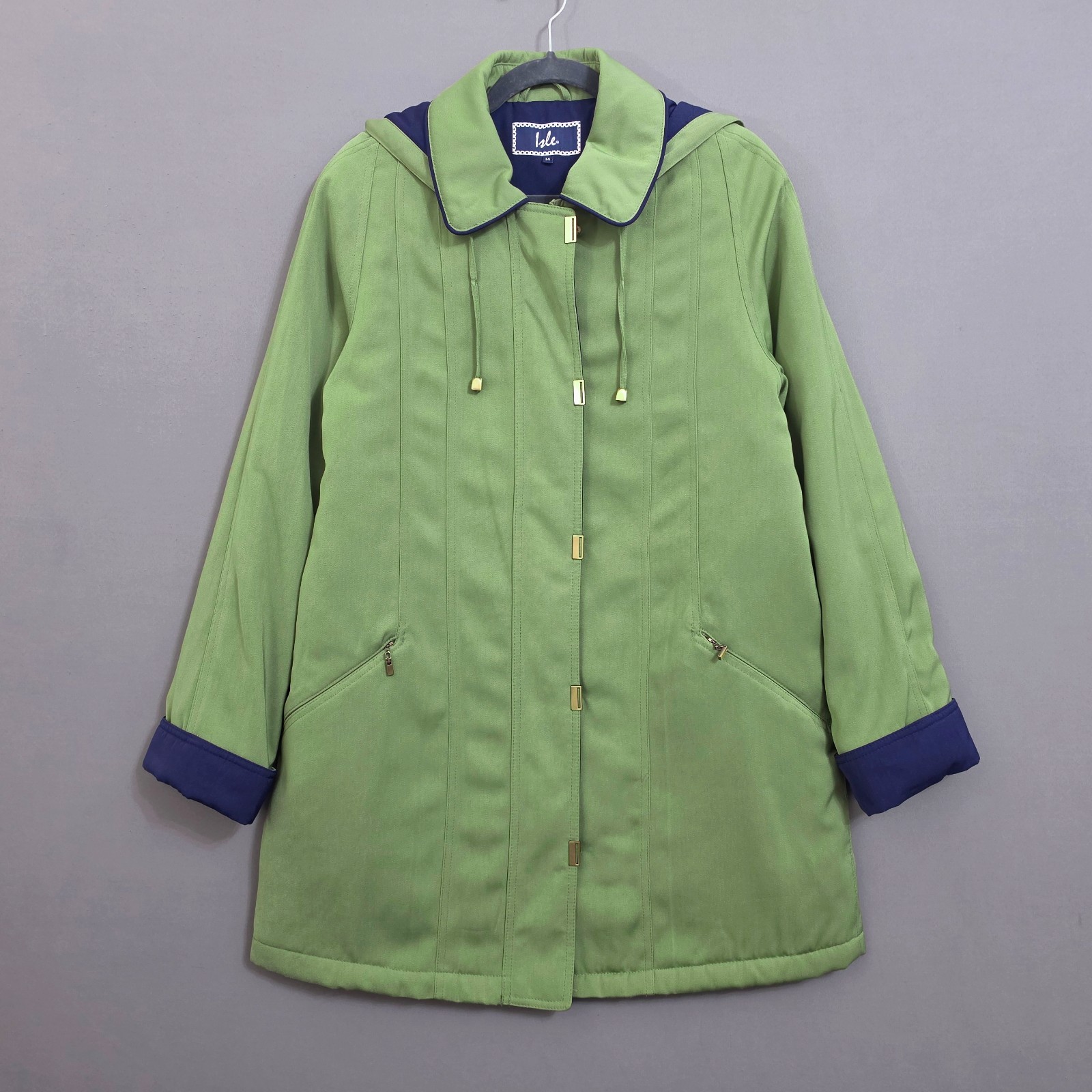 Isle Light Green Lightly Padded Coat Jacket Zip Pockets Detachable Hood Size 14