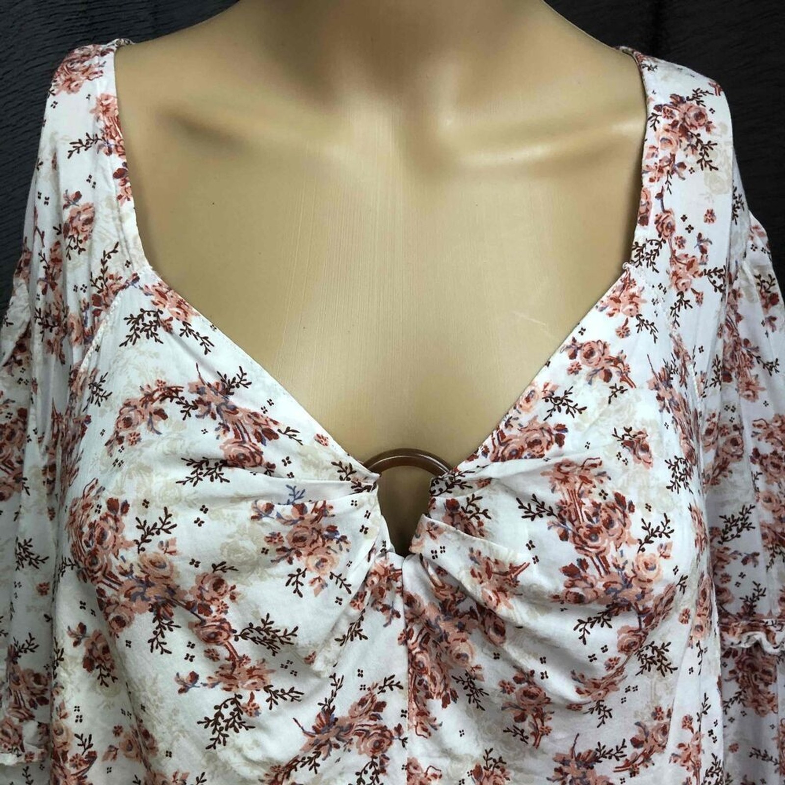 Cato Beige & Orange Floral Ruffled Long Sleeve V-Neck Blouse 18/20W