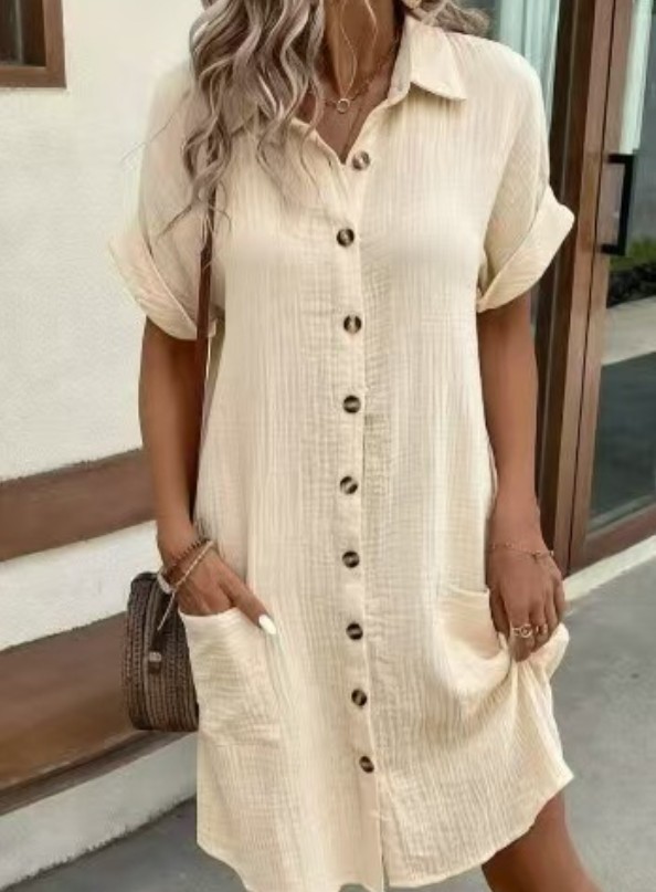 V Neck Button Front Midi Dress Short Sleeve Cotton Casual A Line Sundress