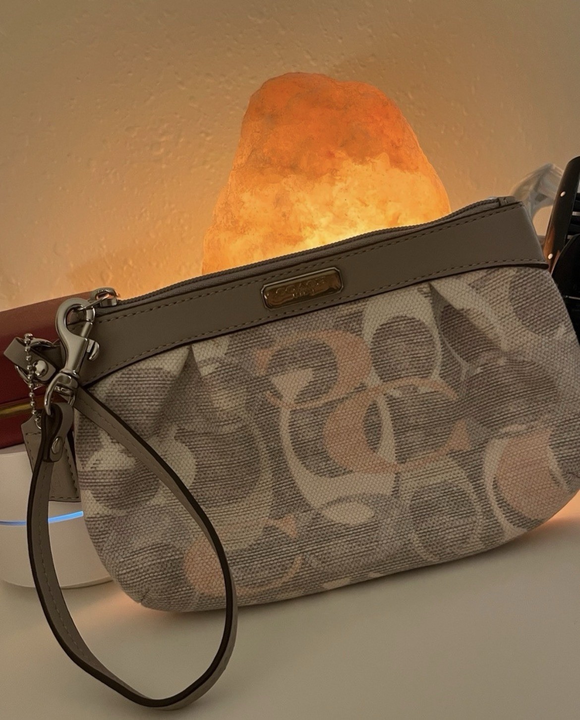 Coach Signature Gray Logo Wristlet Zip Pouch Silver Hardware Wrist Strap
