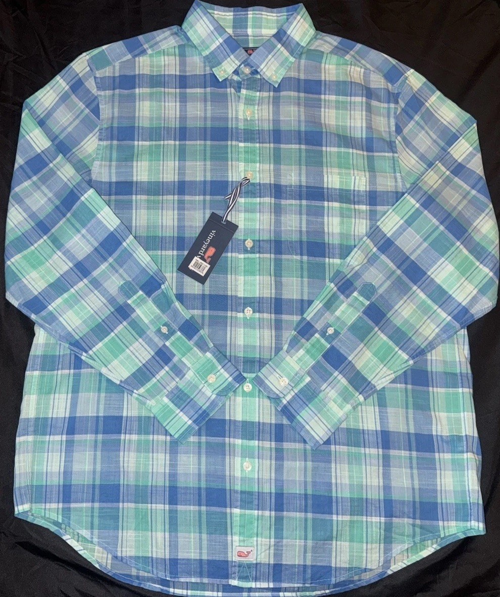 NWT $98 Vineyard Vines Classic Fit Murray Shirt Plaid Antigua Green Blue Mens L