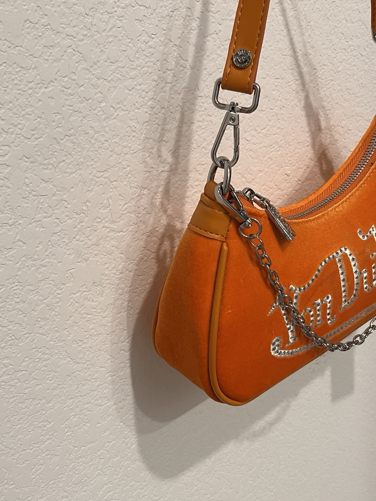 Von Dutch Orange Rhinestone Logo Crescent Shoulder Bag Zip Top Chain Strap Small