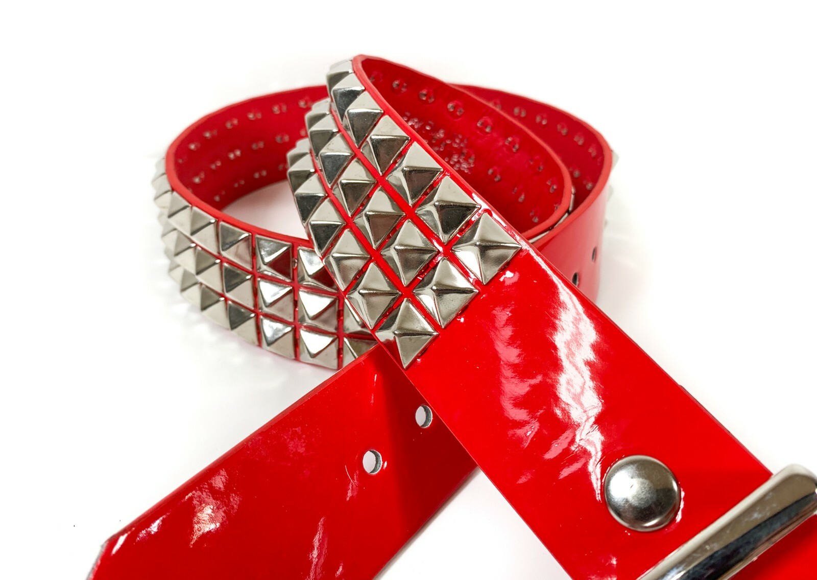 Red Patent Three Row Pyramid Stud Belt Genuine Punk Goth Metal Funk Plus