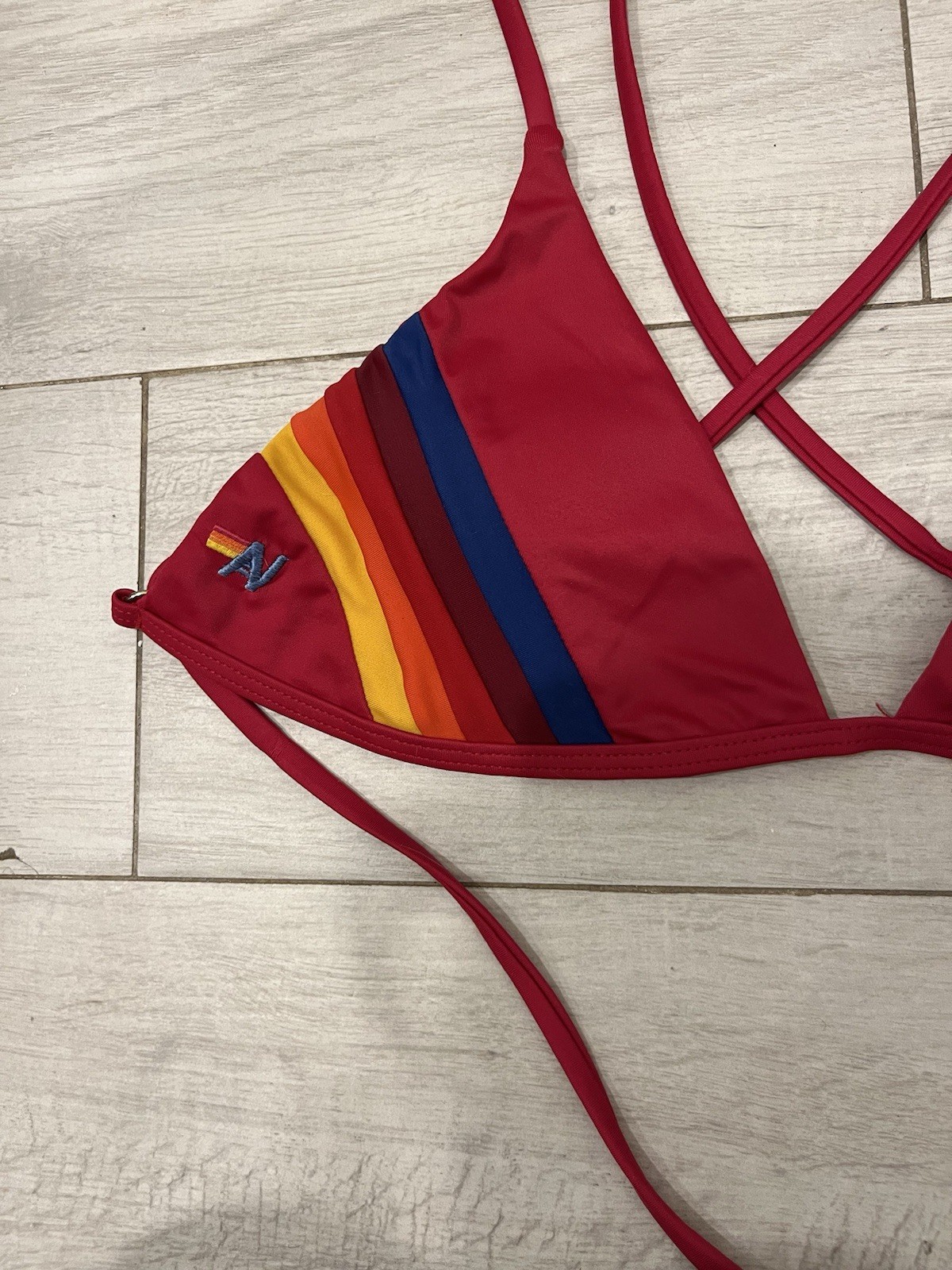 Aviator Nation 5 Stripe triangle cross-back bikini top Red M/L