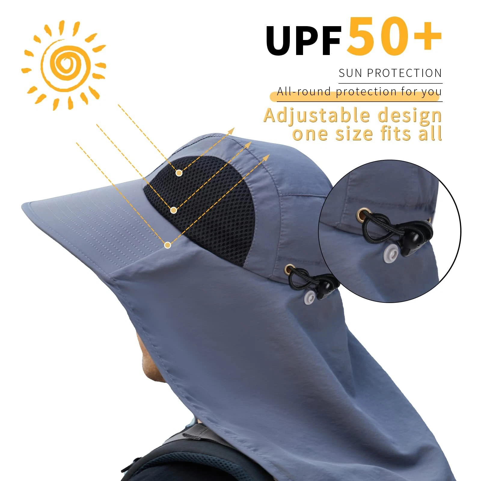 Wide Brim Sun Hat with Neck Flap UV Protection Hiking Fishing Cap for Men Women