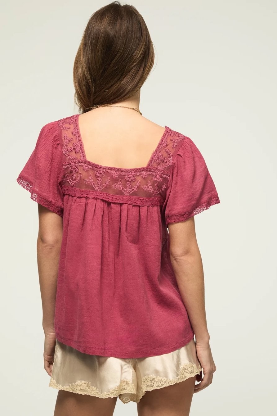Lucky Brand Mesh Lace Square Neck Blouse Rose Wine Pink Women’s Large L