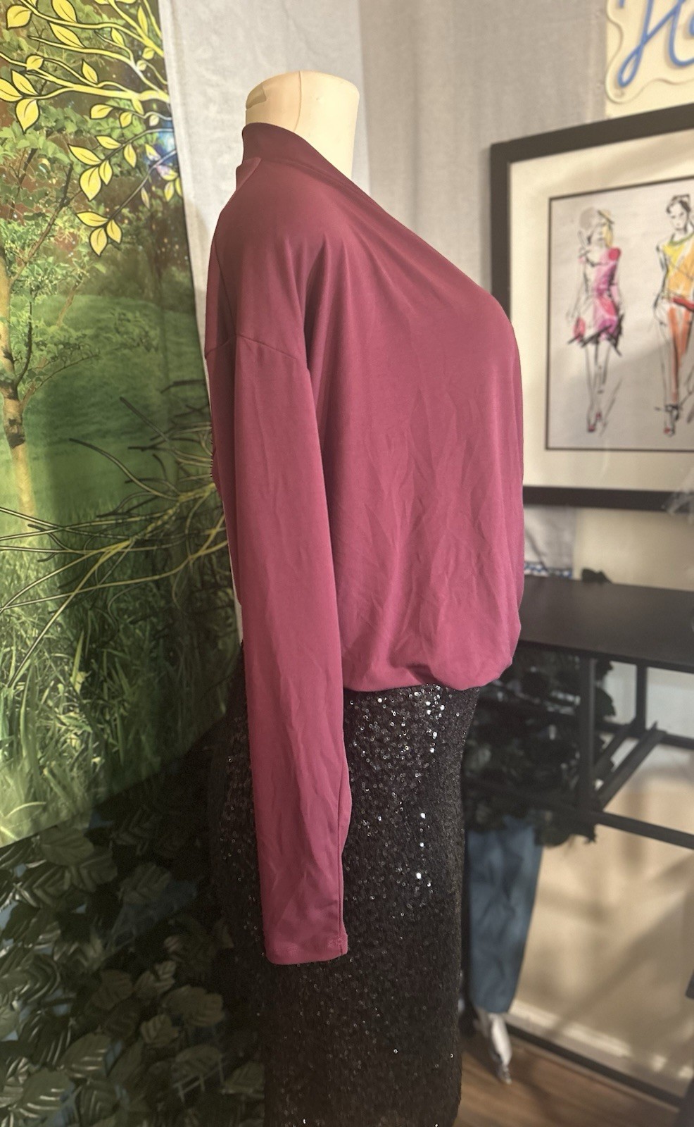 Ann Taylor Factory Burgundy Solid Surplice Wrap V-Neck Long Sleeve Blouse Sz S