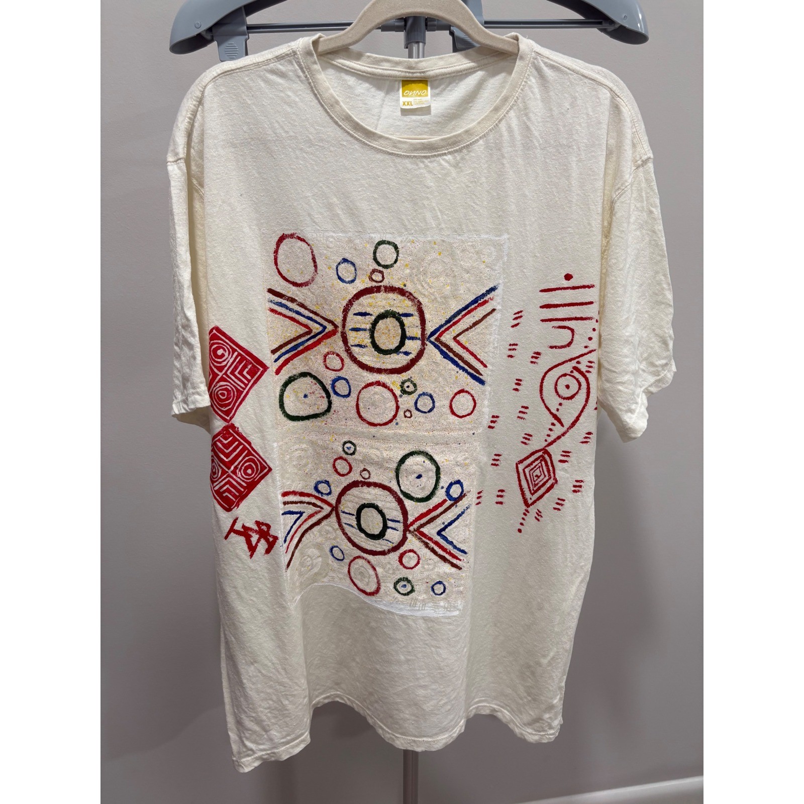 Onno Men’s Hemp Cotton Printed Graphic Tee Cream XXL Geometric Aztec Southwest