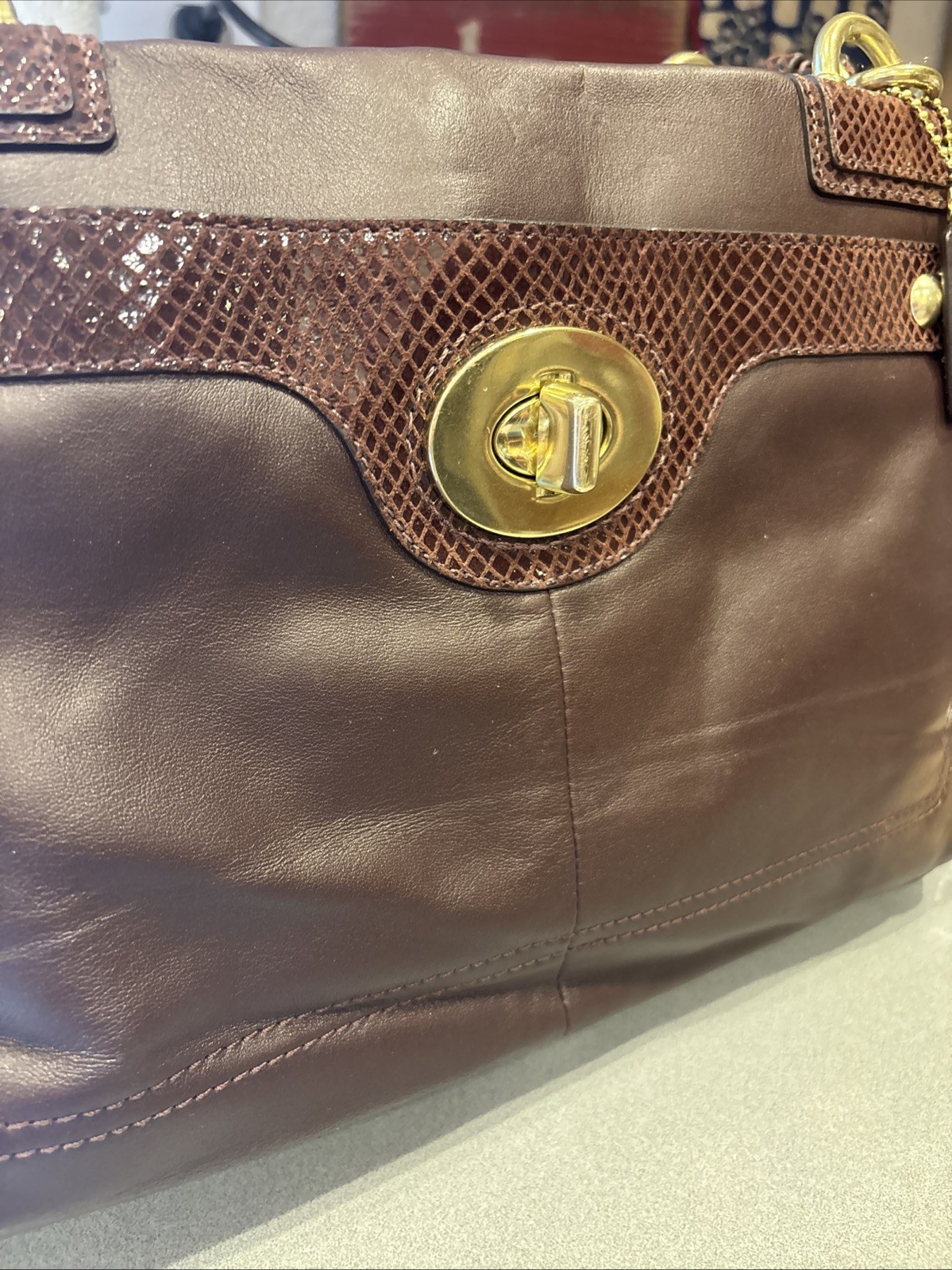 Coach Penelope Leather Carryall Snakeskin Accent Turn lock Bag F16531