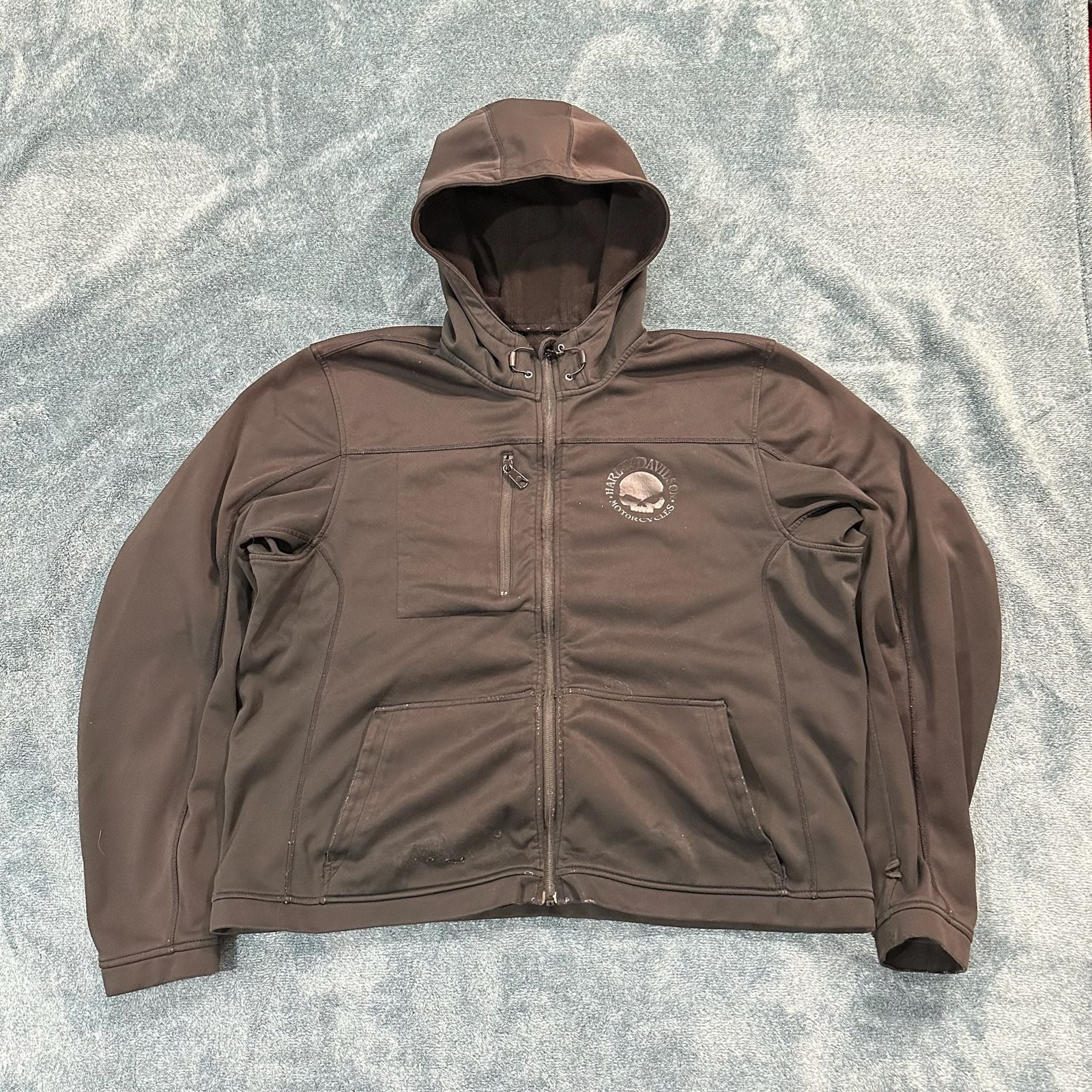 2010s Harley-Davidson Men’s BLK Softshell Hooded Full-Zip Jacket with Skull Logo