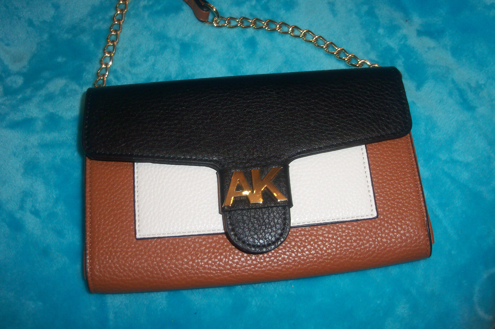 New ANNE KLIEN Black & Saddle Brown Wallet Crossbody Bag – CHAIN STRAP – PEBBLED