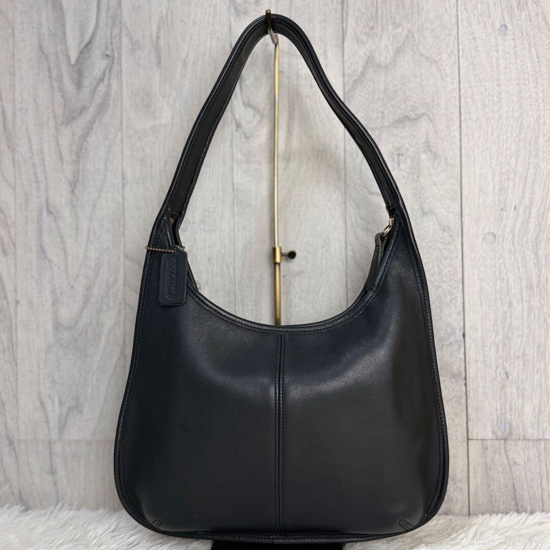 Vintage COACH Black Leather Shoulder Bag USA Made Logo Charm 12.6in