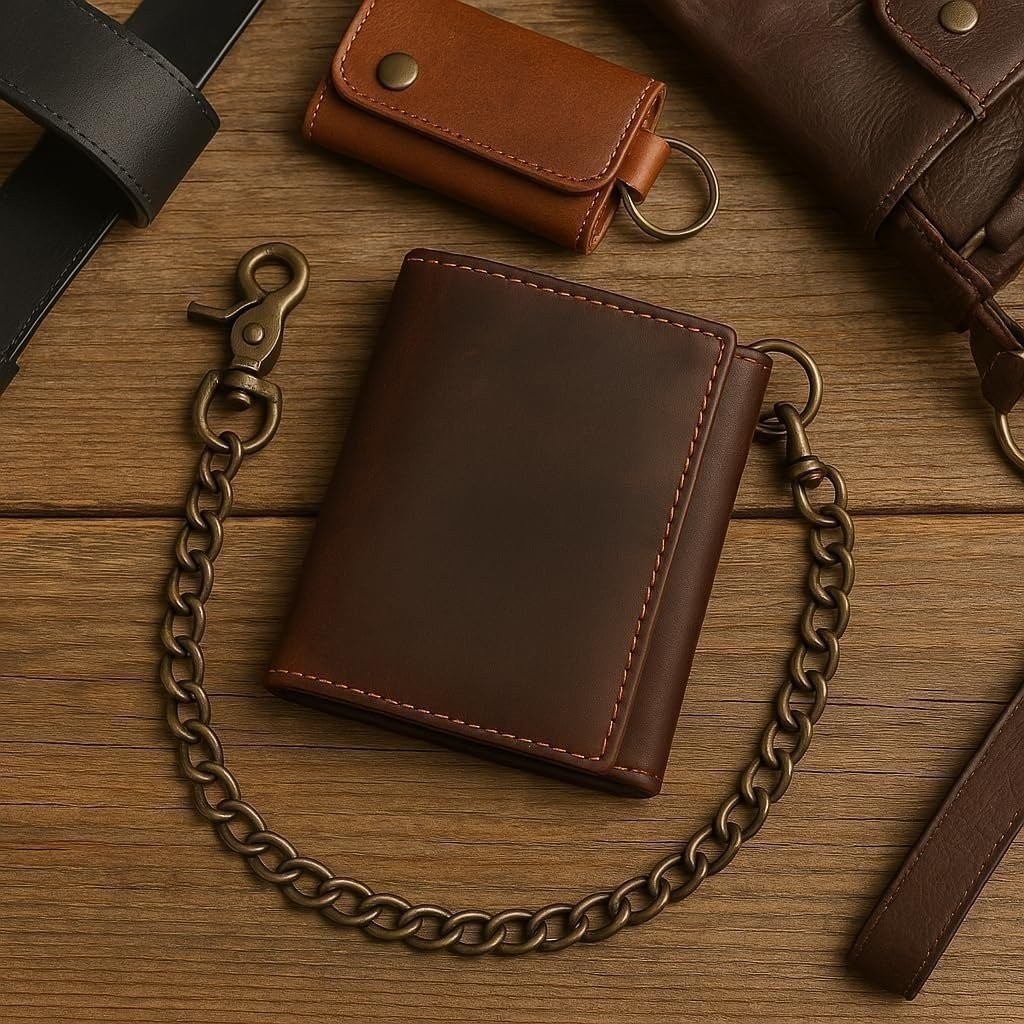 RFID Blocking Men’s Tri-fold Vintage Leather Biker Chain Wallet With Snap Closur
