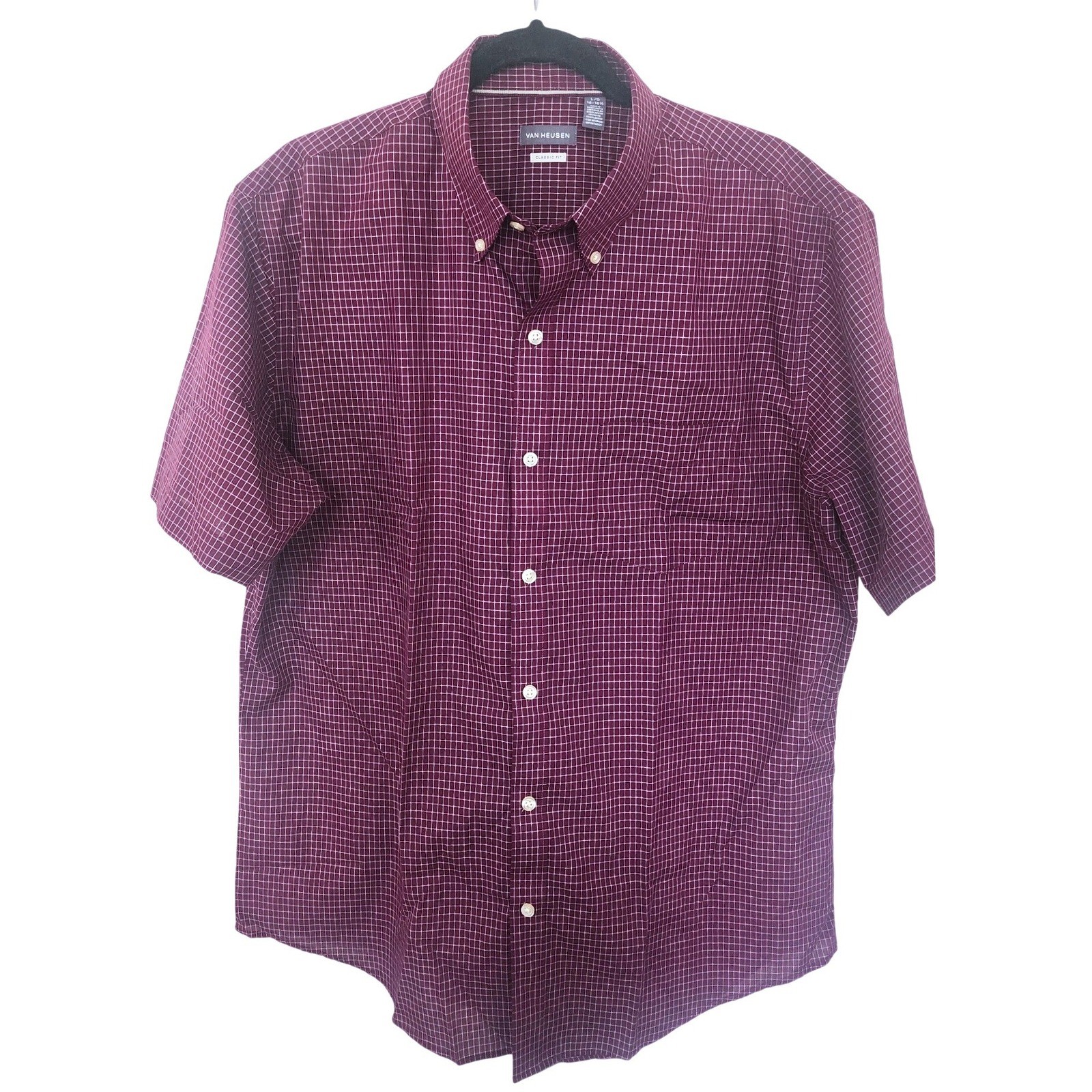 Van Heusen Mens Large Classic Fit Short Sleeve Button Down Shirt Maroon Grid