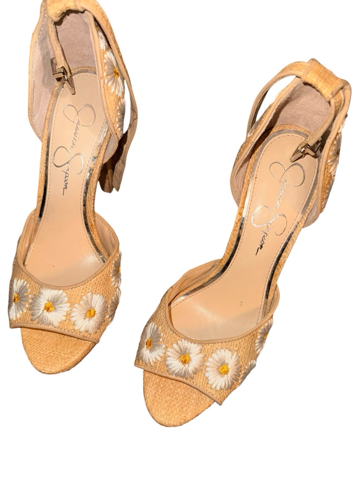 Jessica Simpson Daisy Embroidered Wedge Heels size 7- Tan Summer Platform
