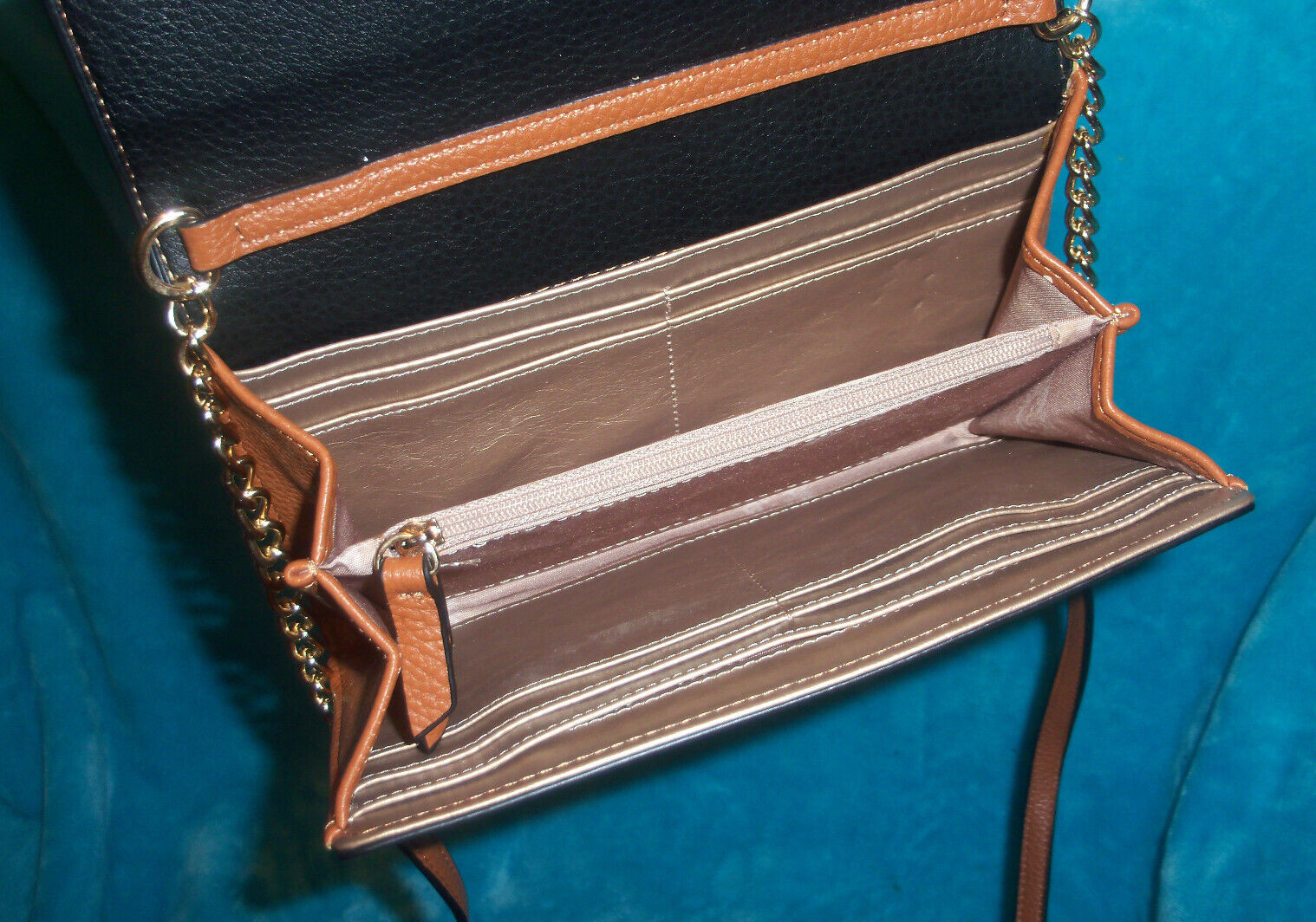 New ANNE KLIEN Black & Saddle Brown Wallet Crossbody Bag – CHAIN STRAP – PEBBLED