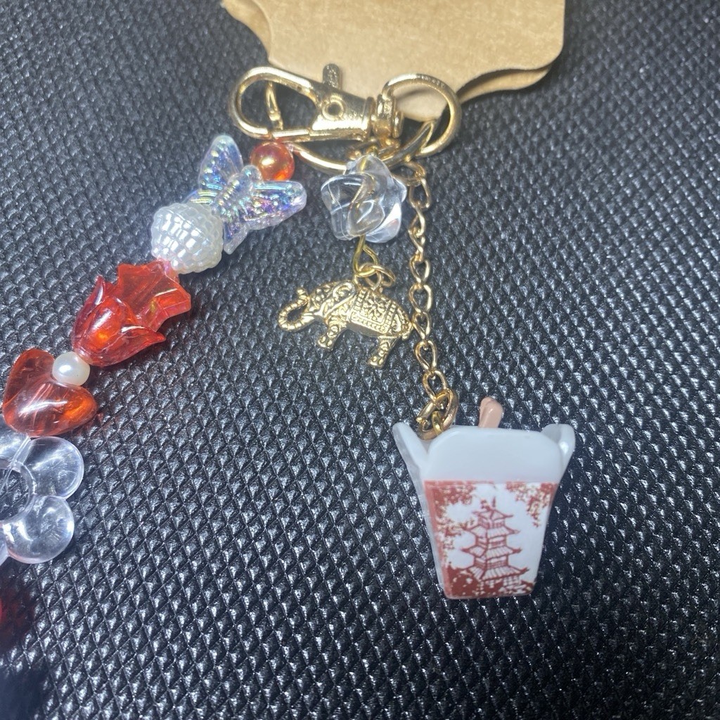 Handmade Beaded Heart Key Chain, Detachable, Red White Clear Gold